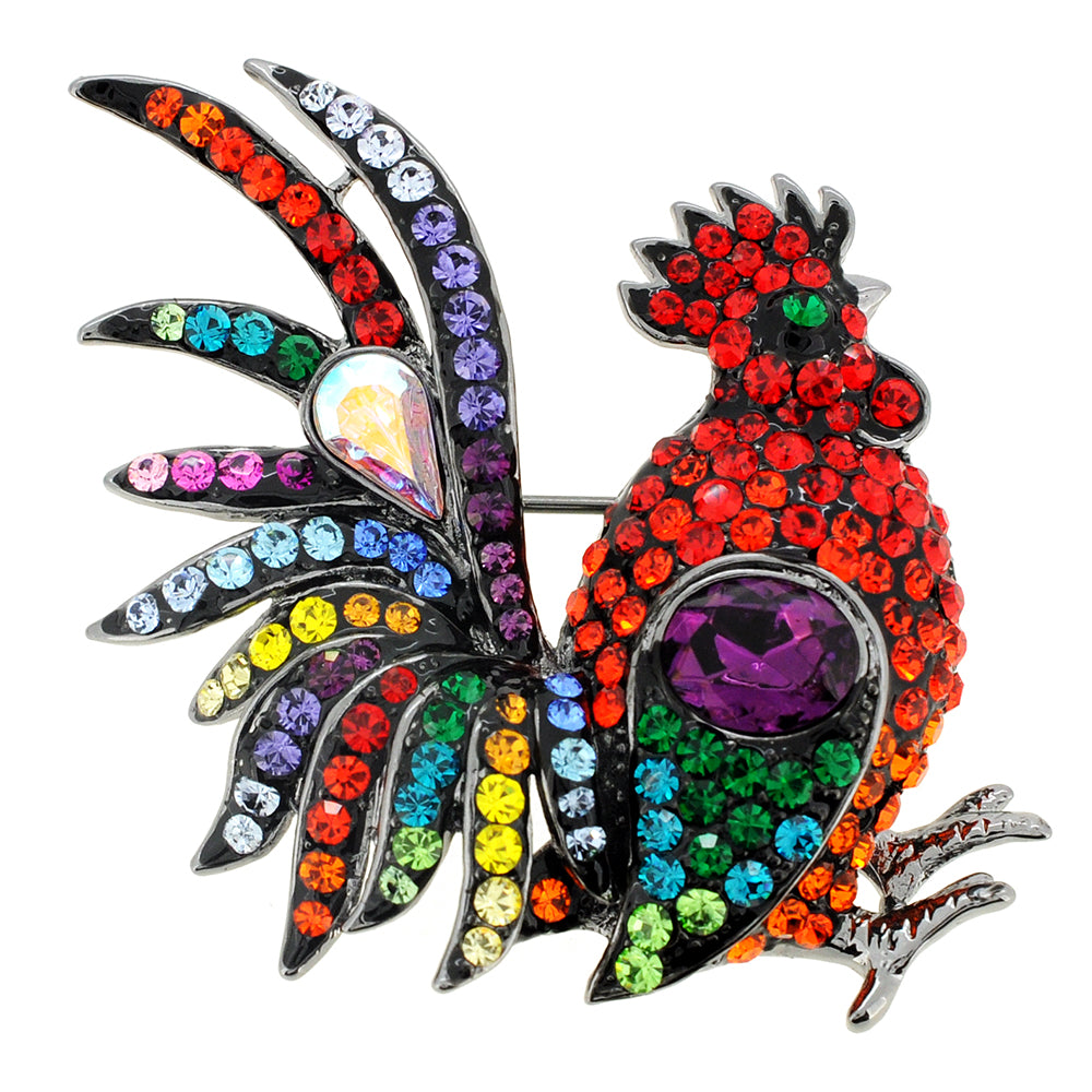 Multicolor Rooster Swarovski Crystal Pin Brooch and Pendant