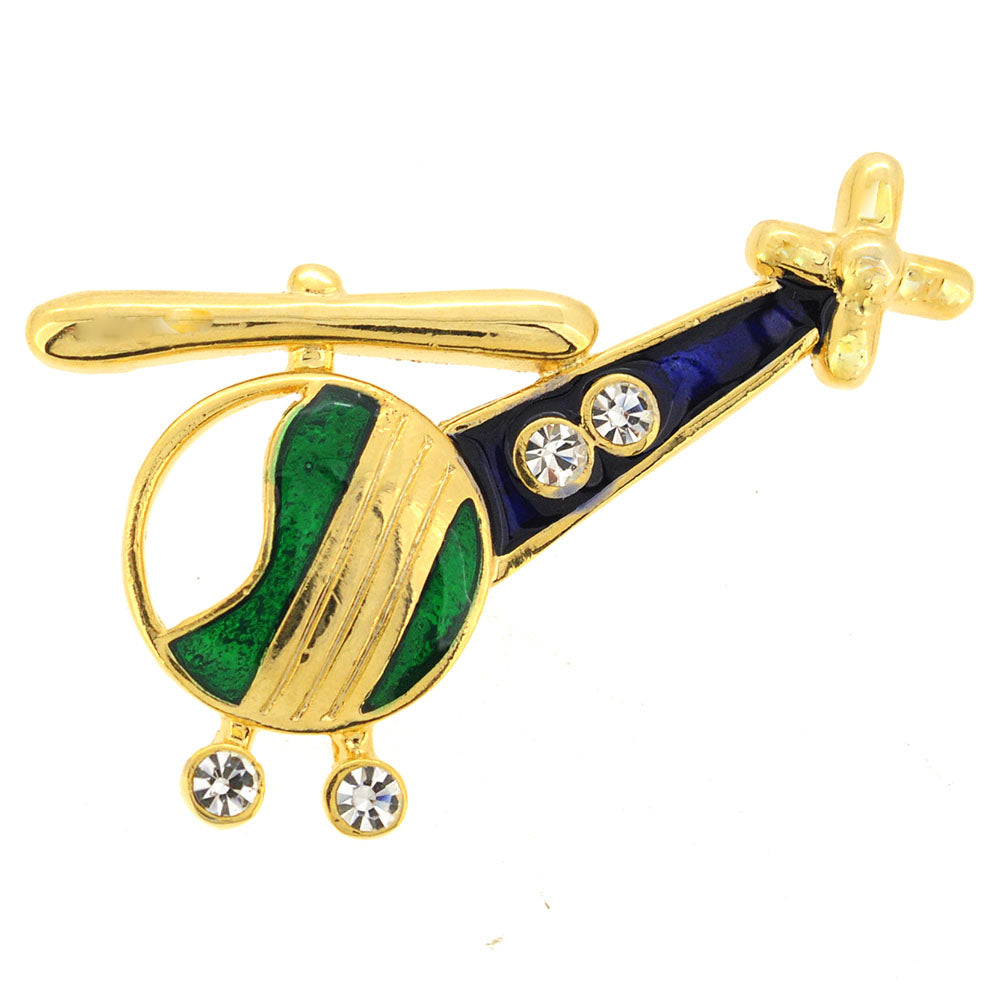 Green Blue Helicopter Copter Swarovski Crystal Airplane Brooch Pin