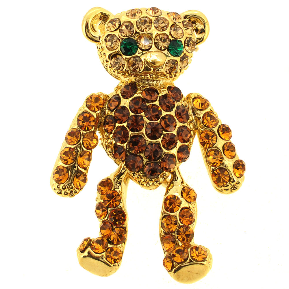 Golden Topaz Brown Teddy Bear Swarovski Crystal Brooch Pin