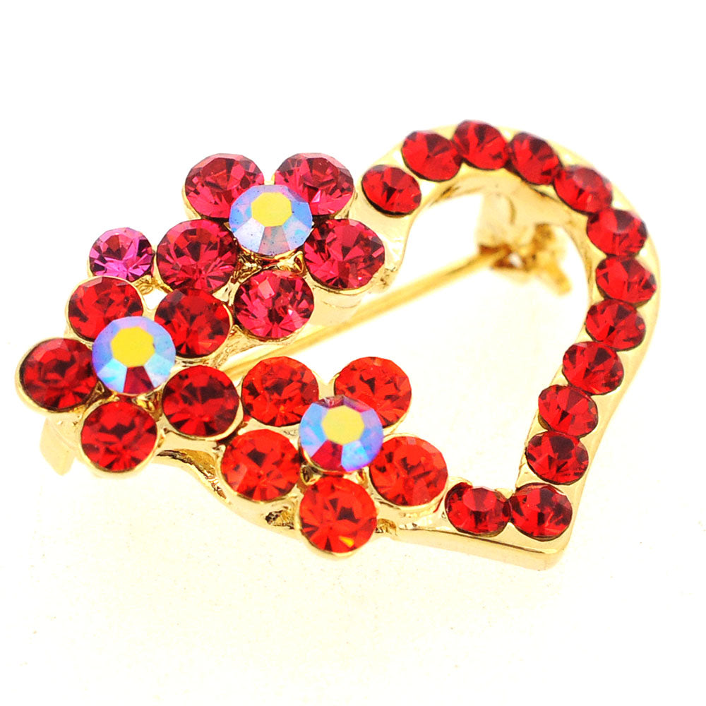 Red Flower Heart  Swarovski Crystal Pin Brooch