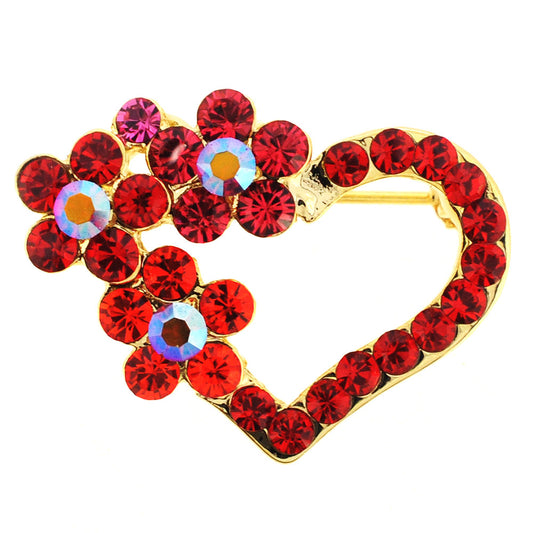 Red Flower Heart  Swarovski Crystal Pin Brooch