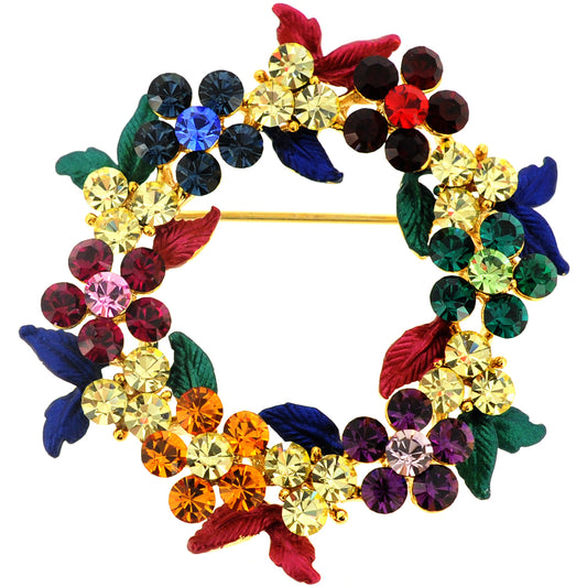 Multicolor Crystal Flower Wreath Pin Brooch