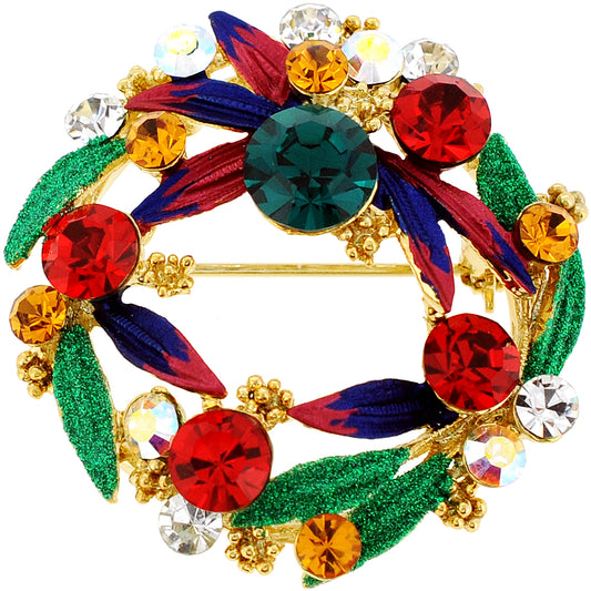 Multicolor Christmas Wreath Swarovski Crystal Pin Brooch And Pendant