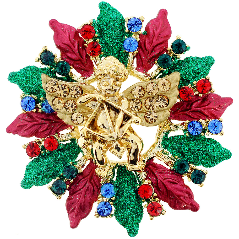 Multicolor Christmas Wreath Swarovski Crystal Pin Brooch