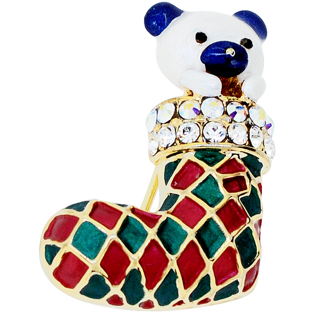 Multicolor Christmas Stocking Bear Swarovski Crystal Pin Brooch