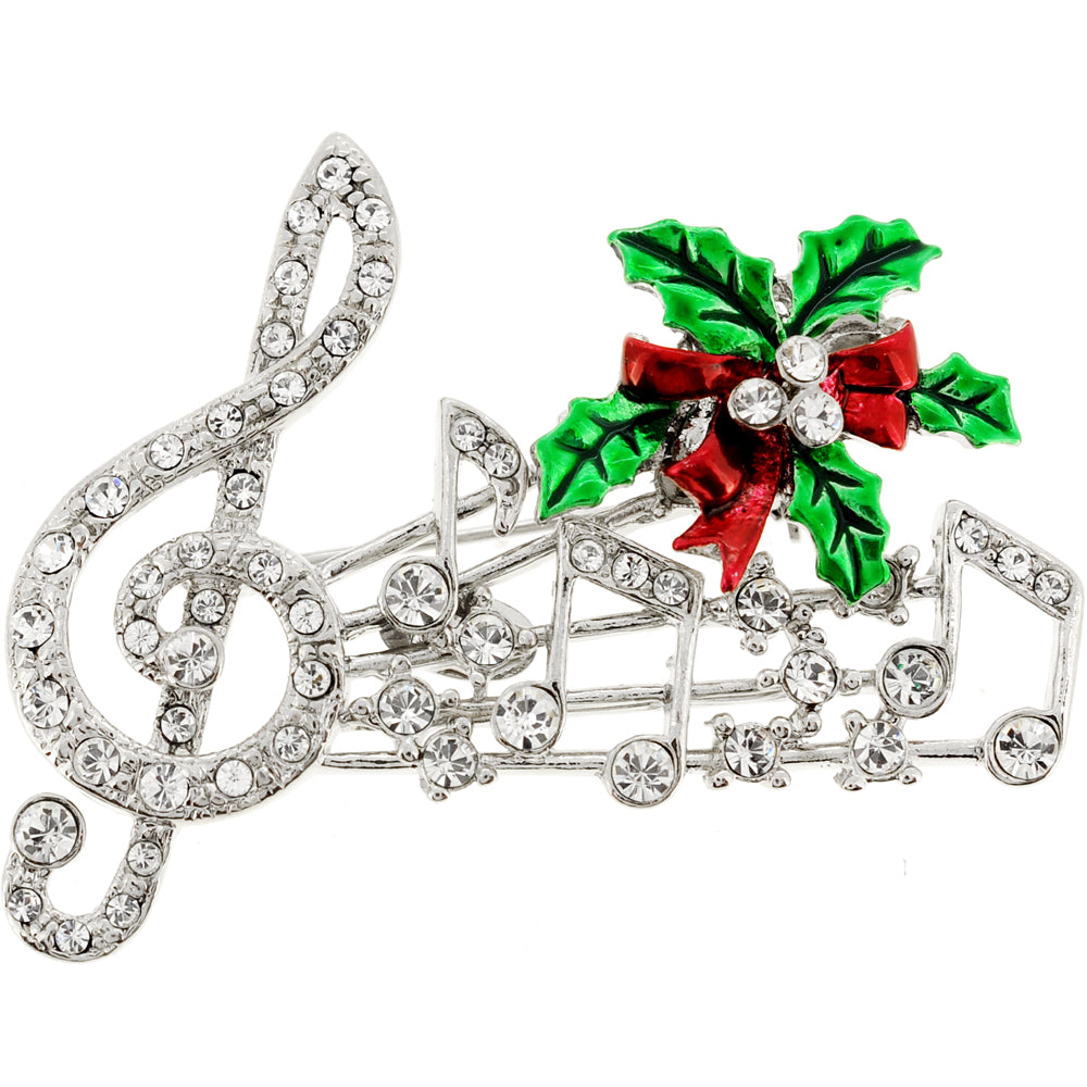 Chrome Christmas Mistletoe Music Note Crystal Pin Brooch