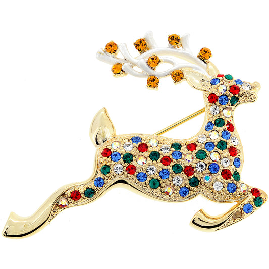 Multicolor Christmas Reindeer Swarovski Crystal Pin Brooch