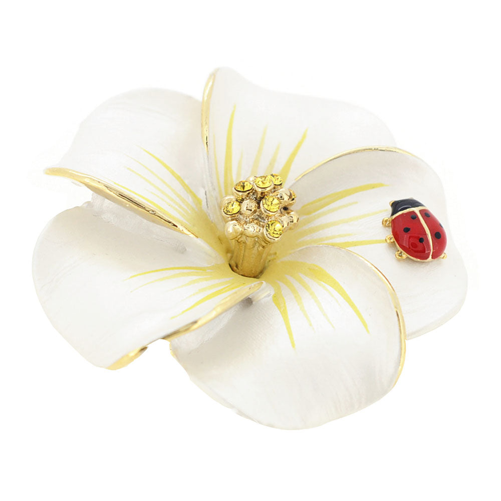 White Hawaiian Plumeria With Red Ladybug Swarovski Crystal Flower Pin Brooch and Pendant
