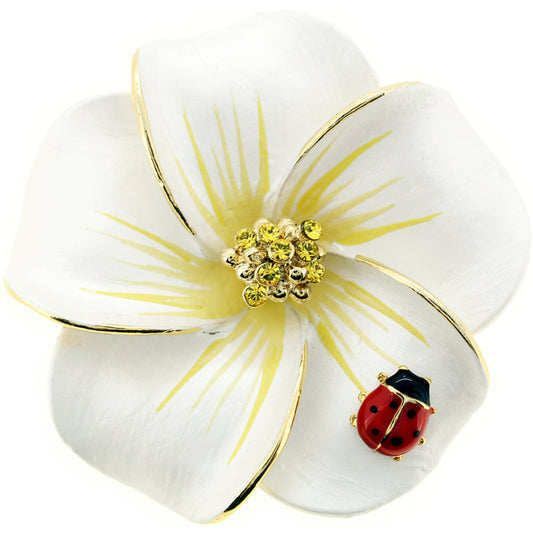 White Hawaiian Plumeria With Red Ladybug Swarovski Crystal Flower Pin Brooch and Pendant