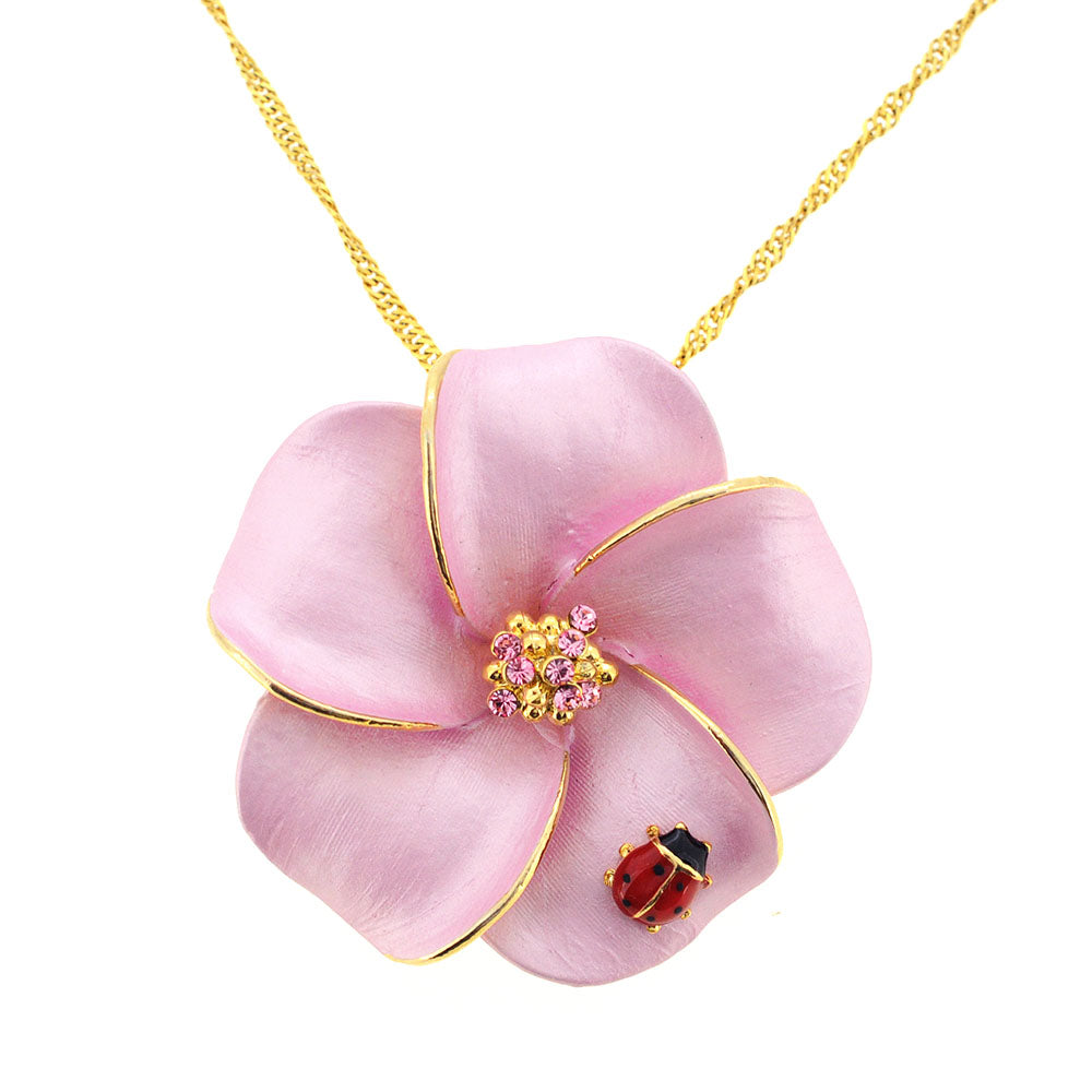 Pink Hawaiian Plumeria With Red Ladybug Flower Swarovski Crystal Pin Brooch and Pendant