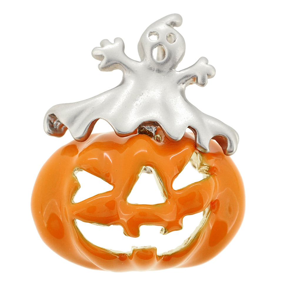 Enamel Pumpkin And Gray Ghost Halloween Pin Brooch And Pendant