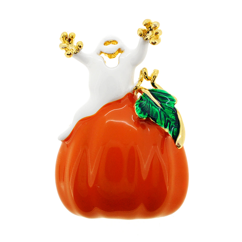 Enamel Pumpkin And White Ghost Halloween Pin Brooch