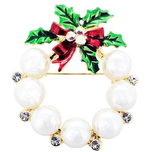 White Pearl Christmas Wreath Swarovski Crystal Pin Brooch