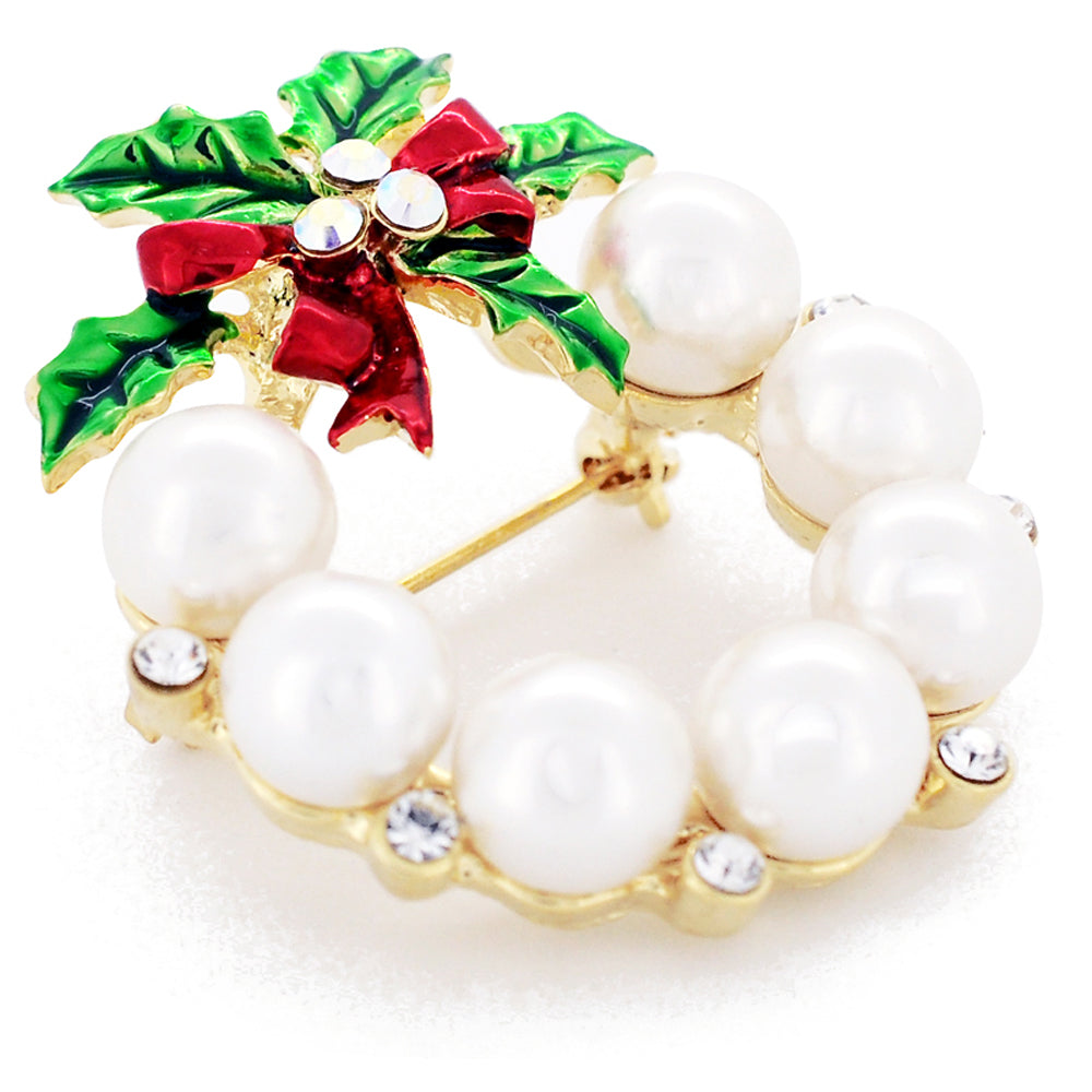 White Pearl Christmas Wreath Swarovski Crystal Pin Brooch