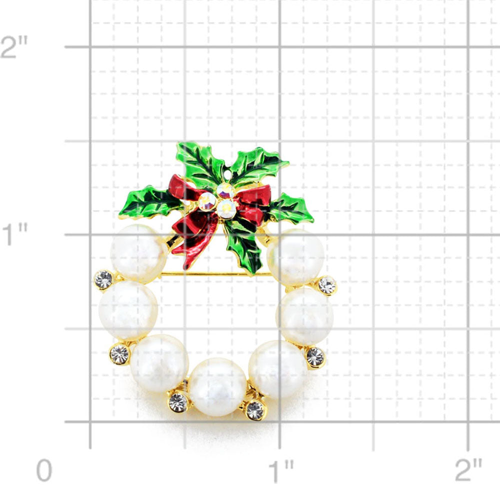 White Pearl Christmas Wreath Swarovski Crystal Pin Brooch