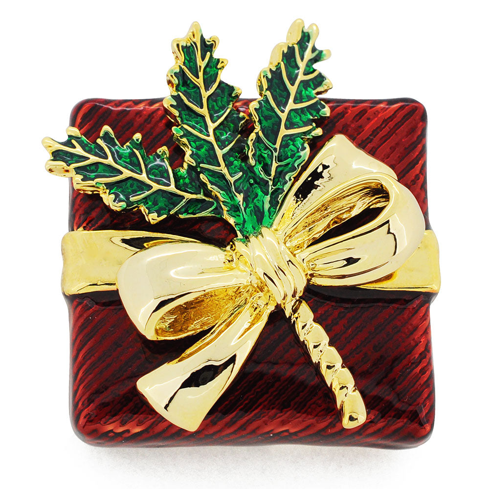 Large Red Giftbox With Golden Bow Pin Brooch