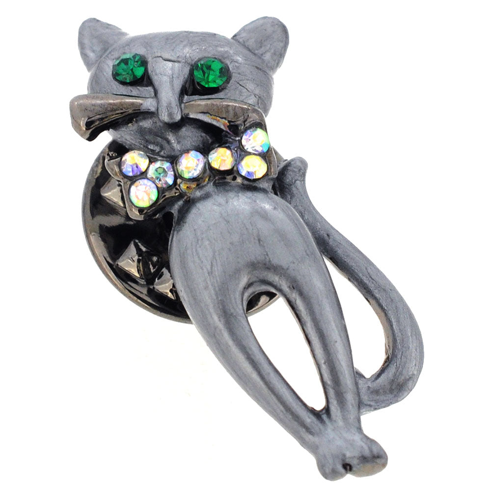 Gray Cat Bow Tie Crystal Brooch Pin