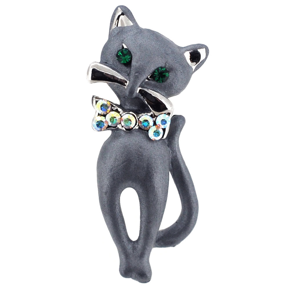 Gray Cat Bow Tie Crystal Brooch Pin