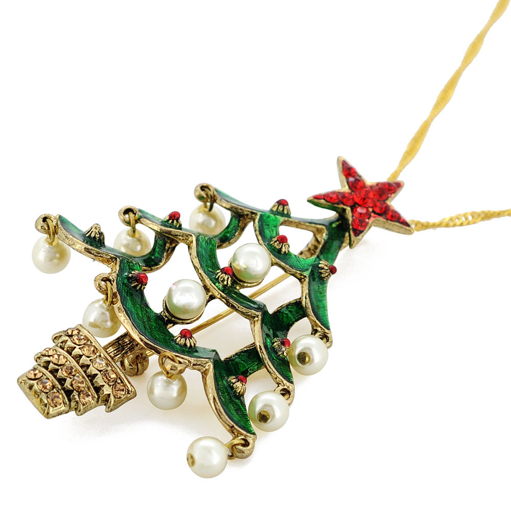 Green Christmas Pearl Tree Swarovski Crystal Pin Brooch And Pendant
