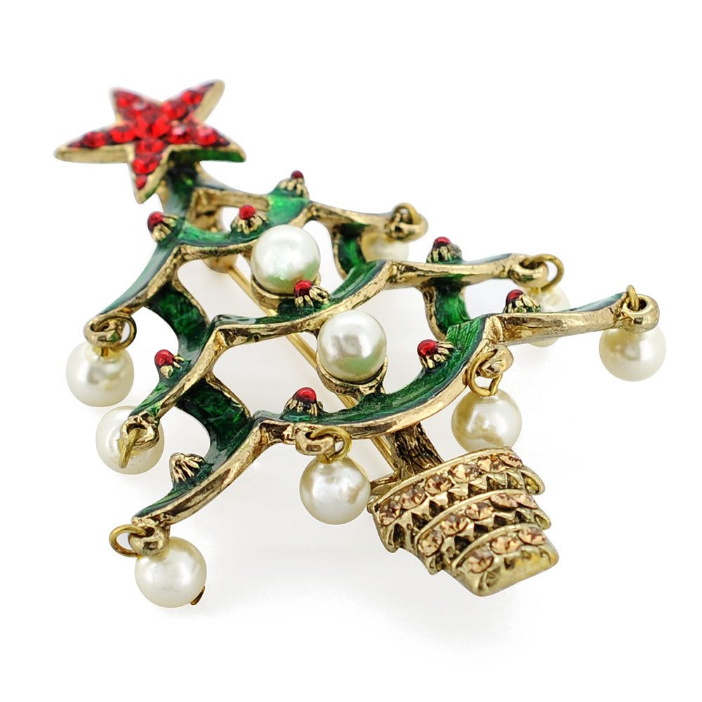Green Christmas Pearl Tree Swarovski Crystal Pin Brooch And Pendant