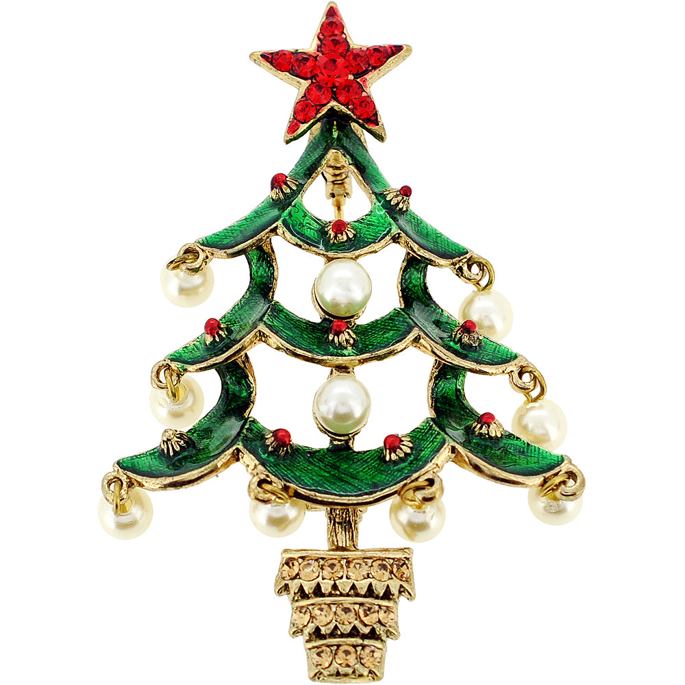 Green Christmas Pearl Tree Swarovski Crystal Pin Brooch And Pendant