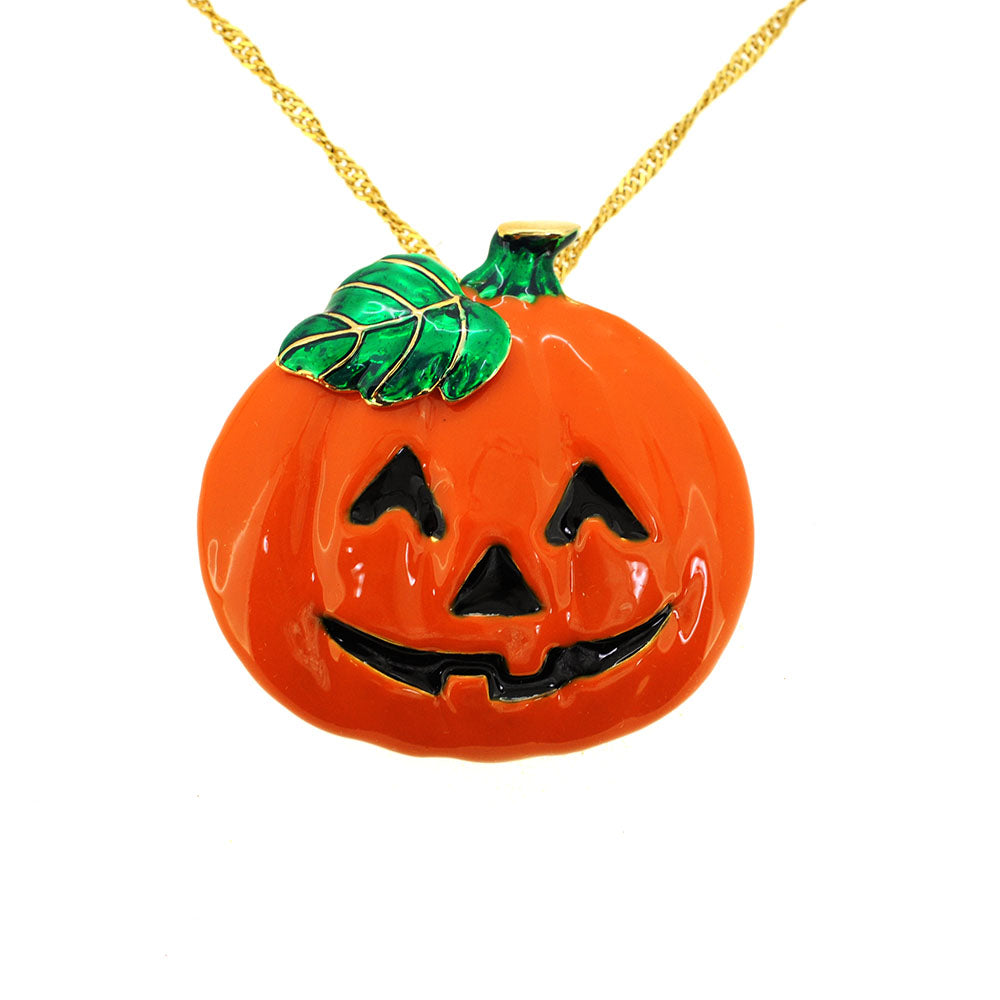 Enamel Halloween Pumpkin With Green Leaf Pin Brooch