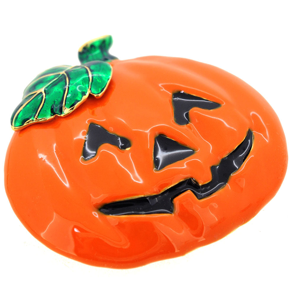 Enamel Halloween Pumpkin With Green Leaf Pin Brooch