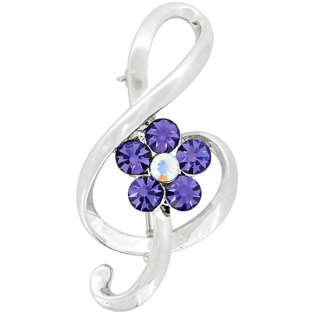 Music Note with Purple Flower Crystal Pin Brooch