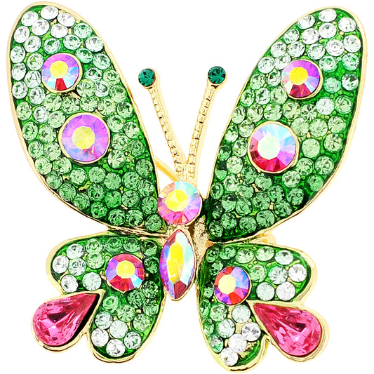 Green and Pink Butterfly Crystal Pin Brooches