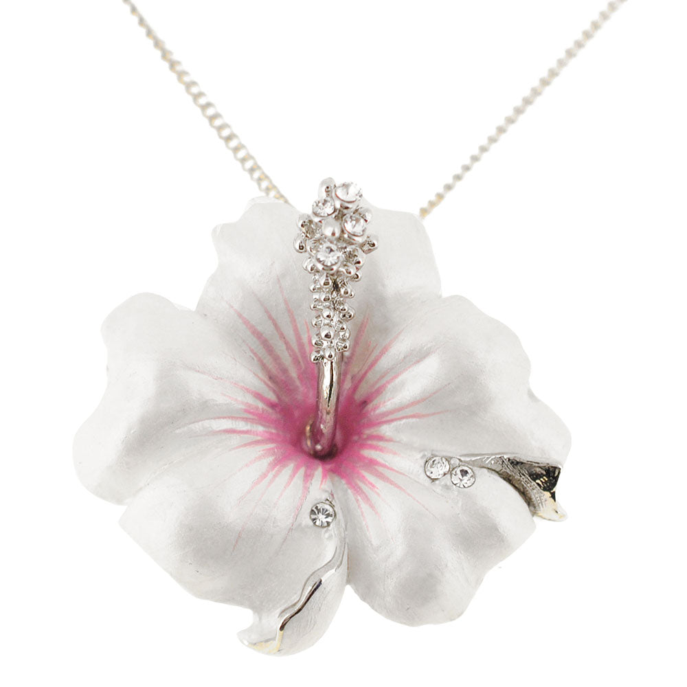 Small White Hawaiian Hibiscus Swarovski Crystal Flower Pin Brooch and Pendant