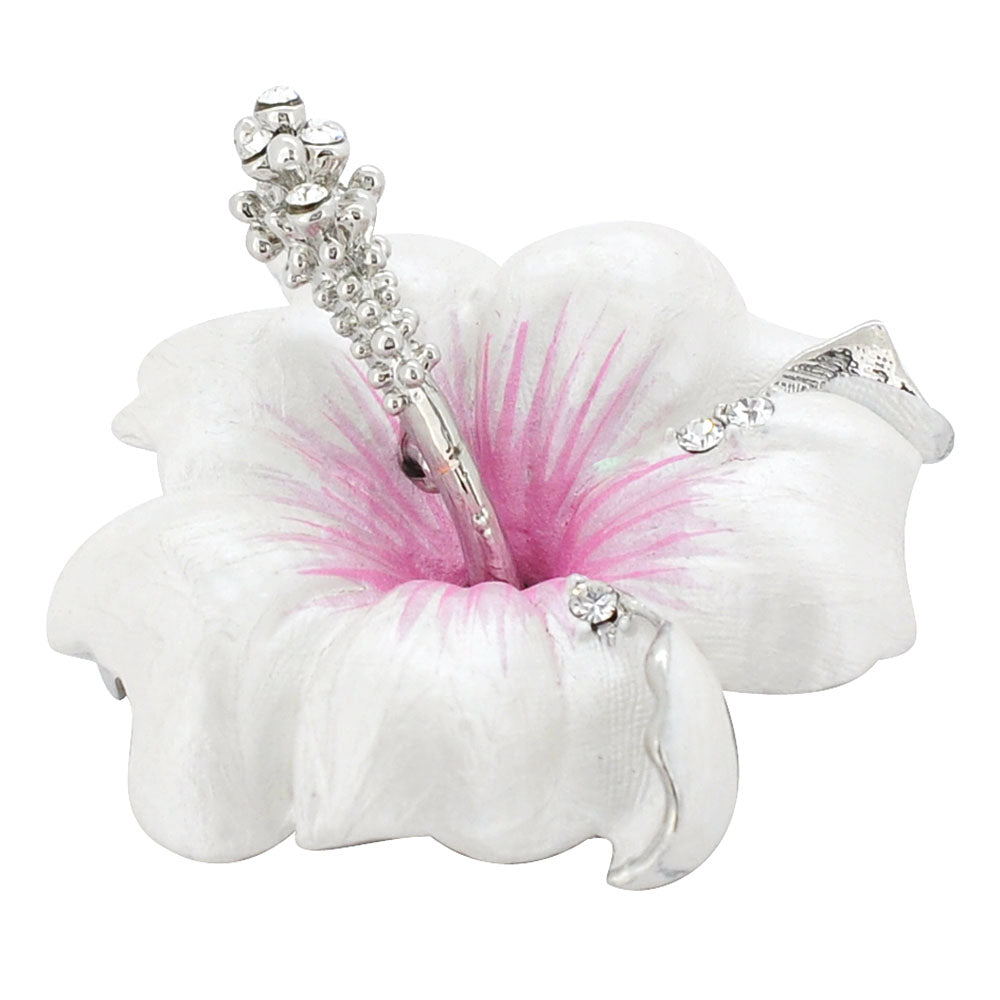 Small White Hawaiian Hibiscus Swarovski Crystal Flower Pin Brooch and Pendant