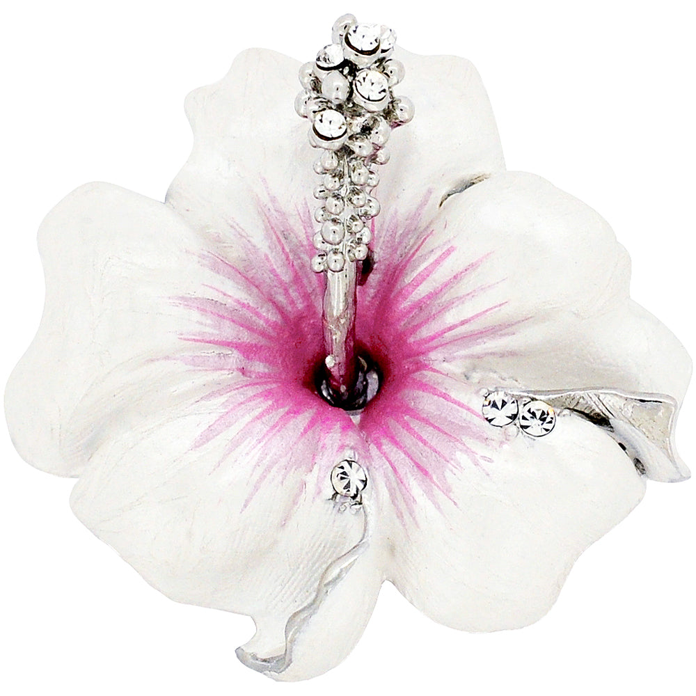Small White Hawaiian Hibiscus Swarovski Crystal Flower Pin Brooch and Pendant