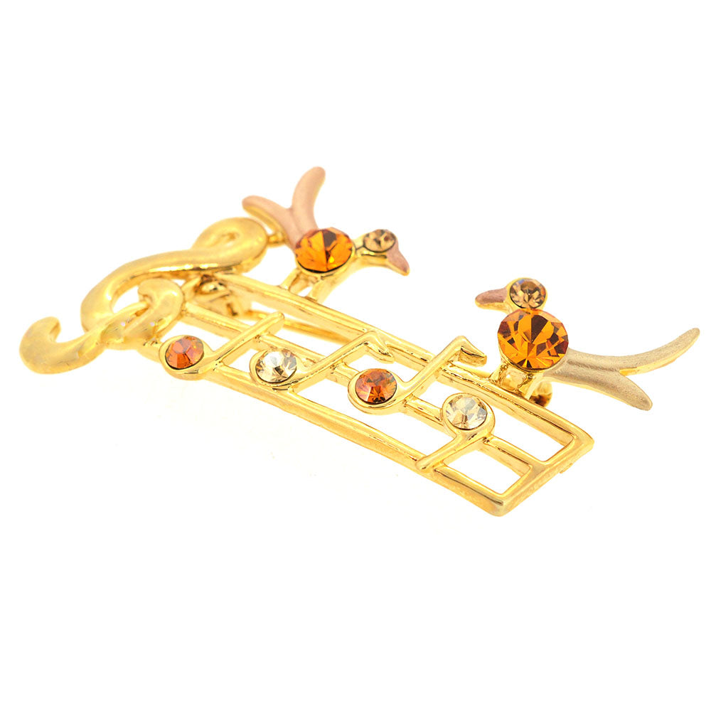 Golden Topaz Brown Music Note With Two Birds Swarovski Crystal Pin Brooch