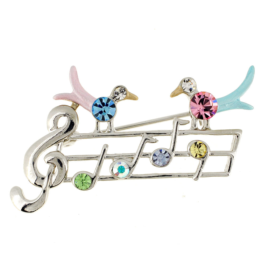 Multicolor Music Note With Birds Crystal Pin Brooch