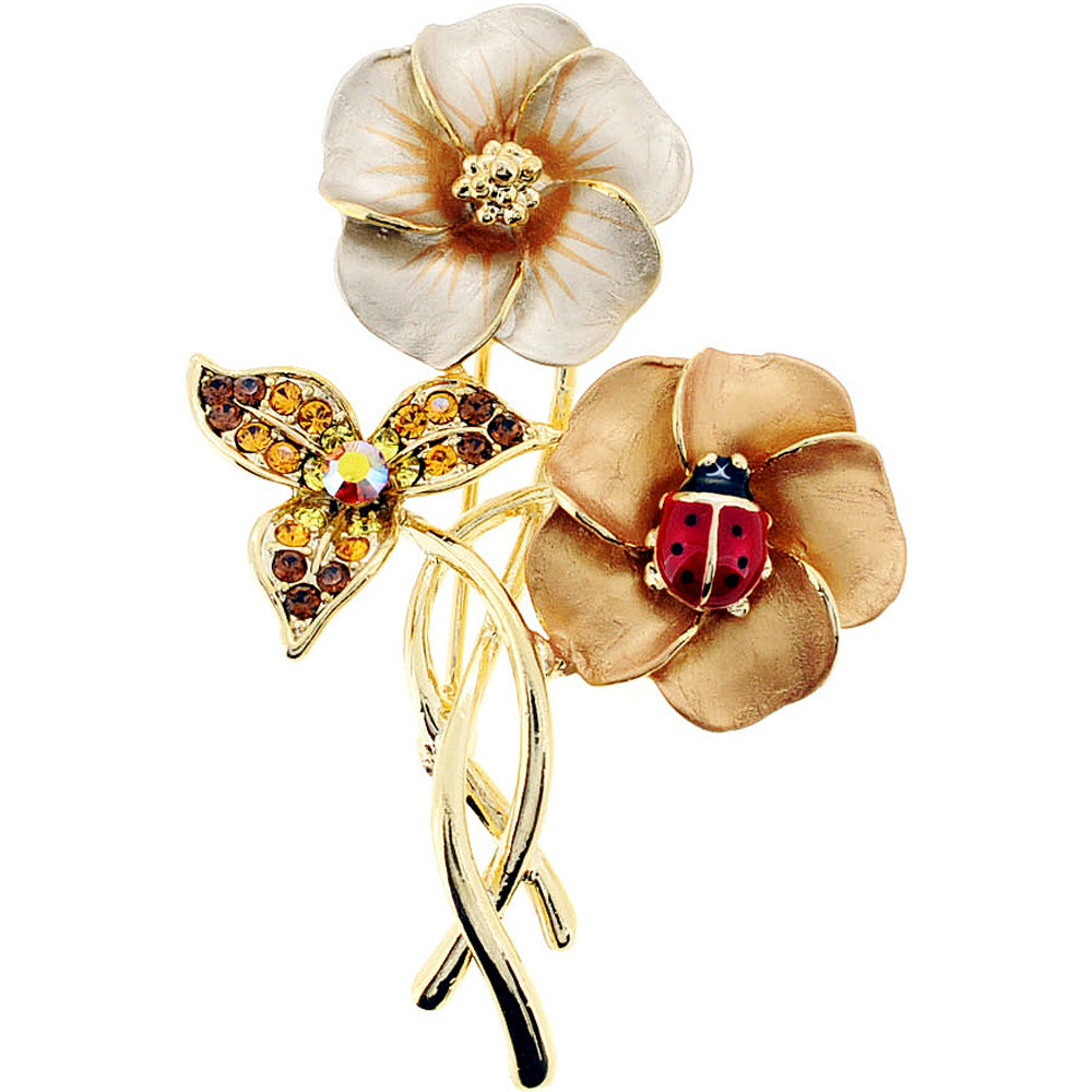 Brown Hawaiian Flower With Red Ladybug Swarovski Crystal Pin Brooch