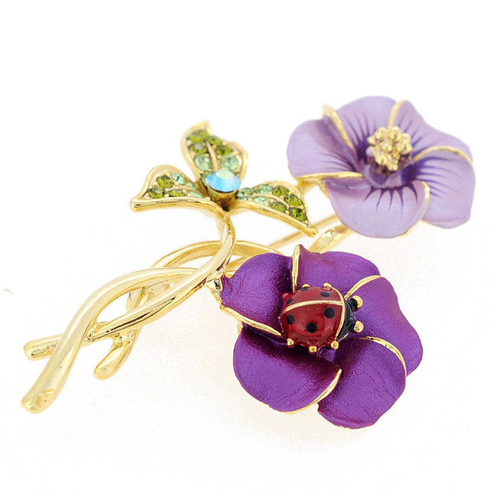 Purple Hawaiian Flower With Red Ladybug Swarovski Crystal Pin Brooch