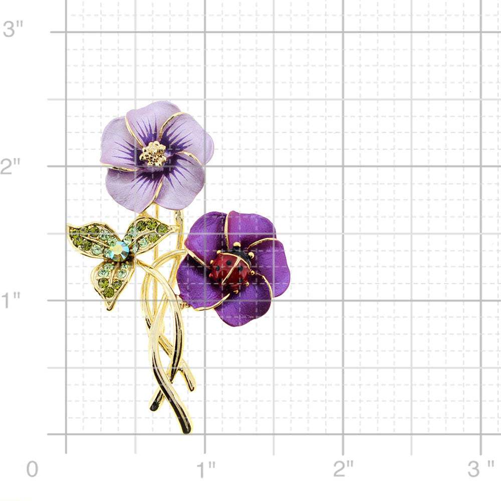 Purple Hawaiian Flower With Red Ladybug Swarovski Crystal Pin Brooch