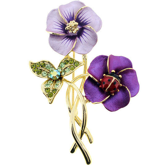 Purple Hawaiian Flower With Red Ladybug Swarovski Crystal Pin Brooch