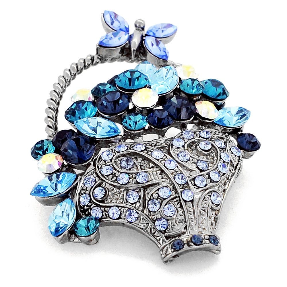 Multi Blue Flower Basket With Butterfly Swarovski Crystal Pin Brooch