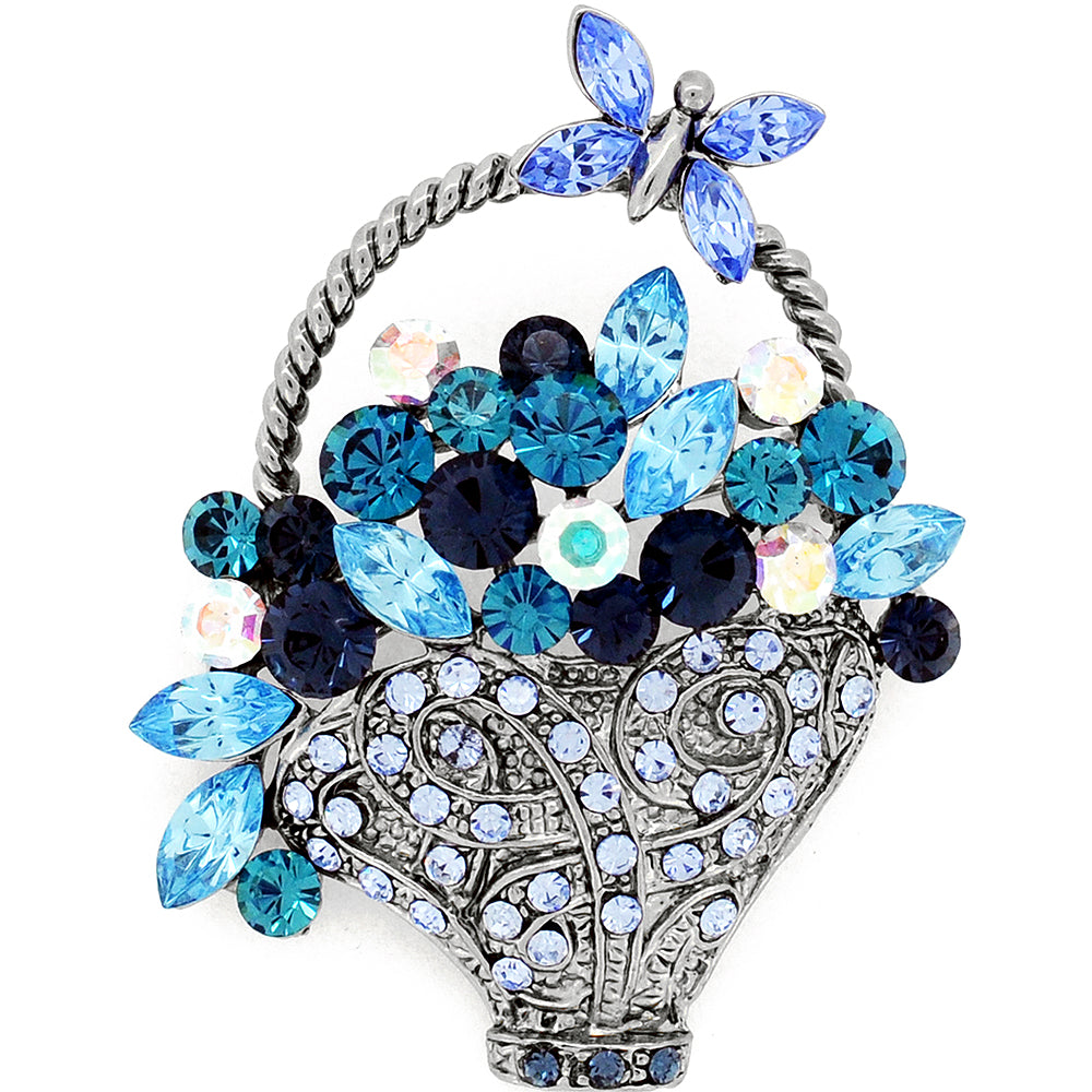 Multi Blue Flower Basket With Butterfly Swarovski Crystal Pin Brooch