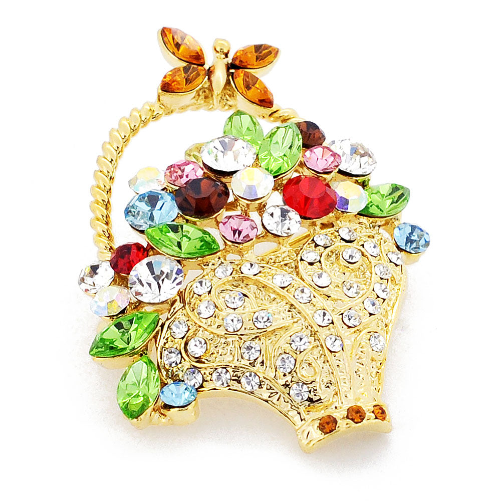 Multicolor Flower Basket With Butterfly Swarovski Crystal Pin Brooch