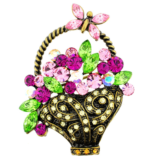 Multicolor Flower Basket With Butterfly Swarovski Crystal Pin Brooch