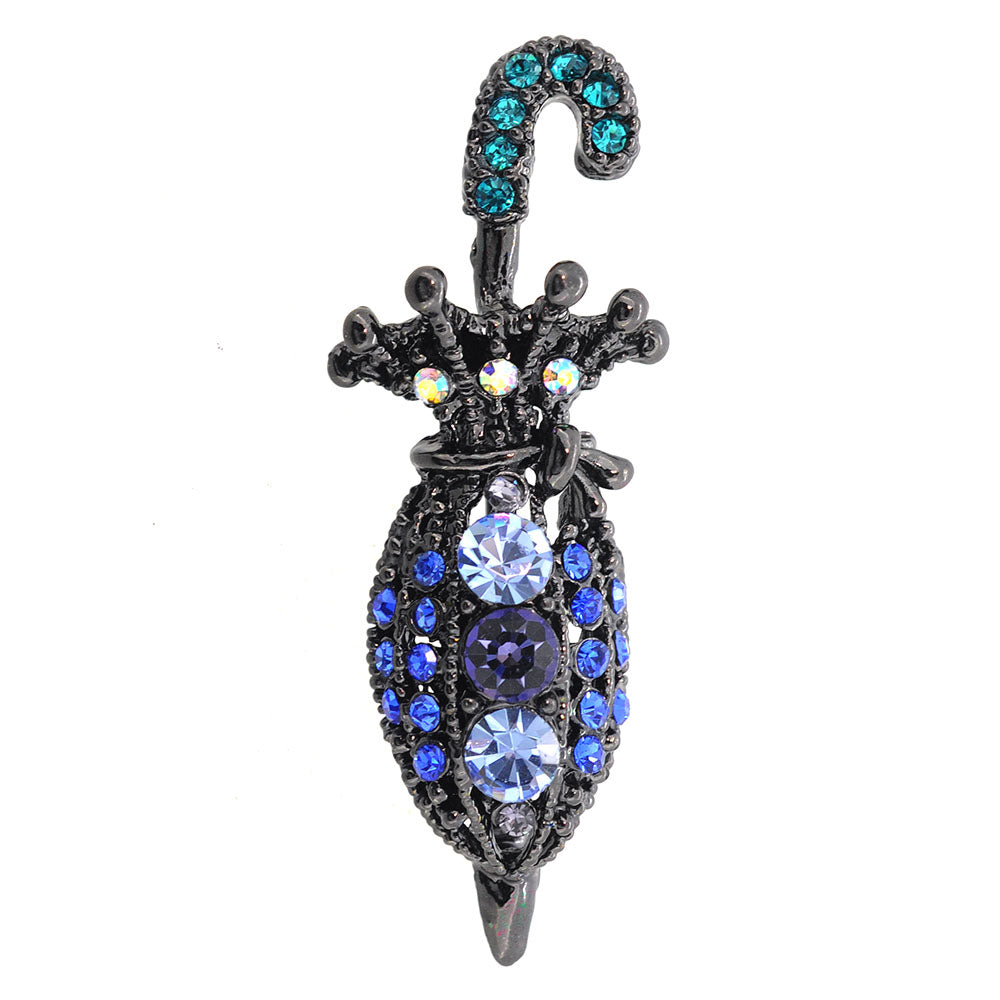 Blue Flower Umbrella Crystal Brooch Pin