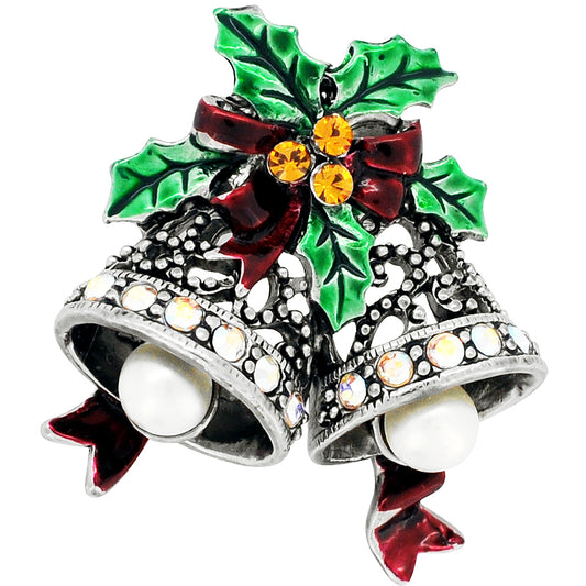 Vintage Style Christmas Bell Bow Swarovski Crystal Brooch Pin