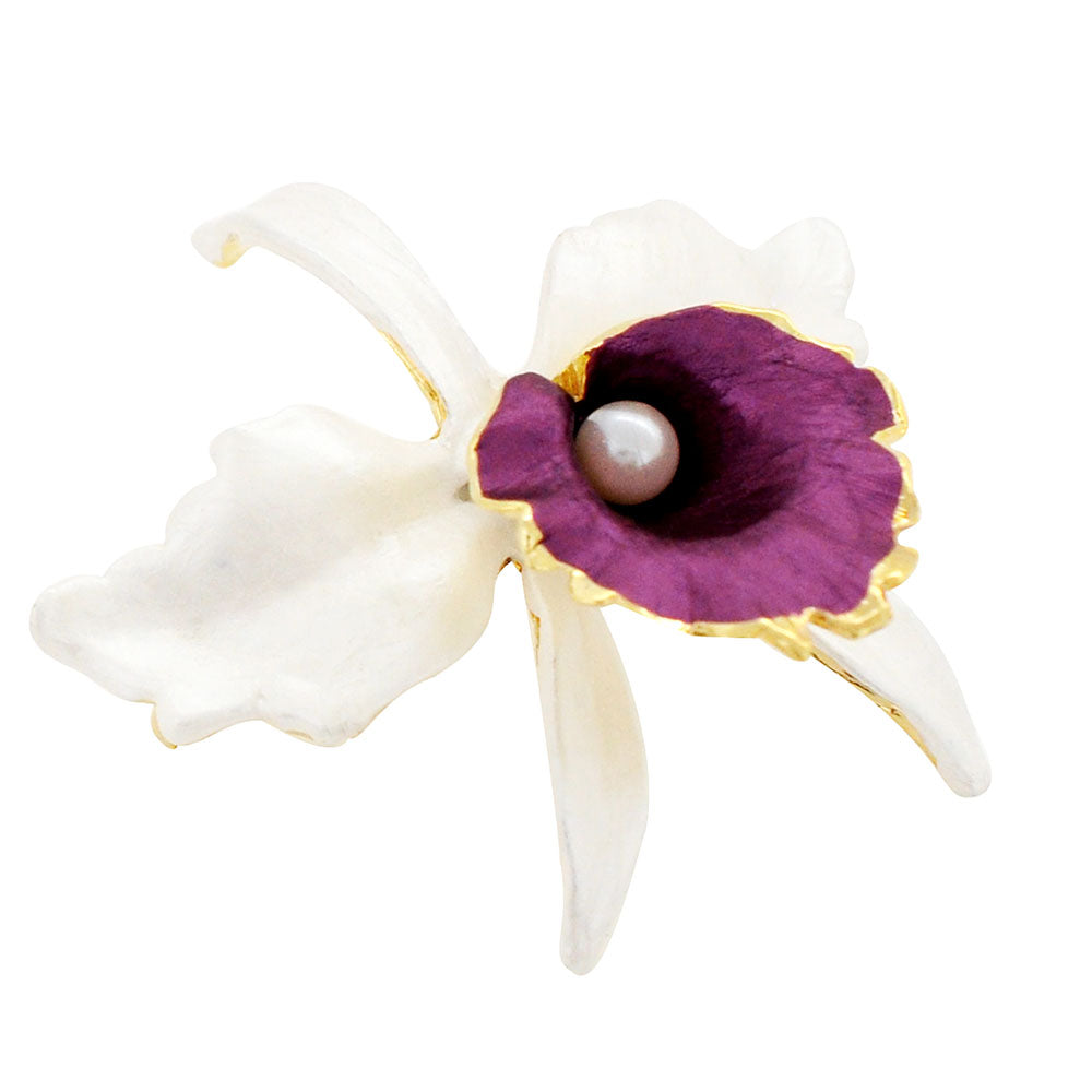 White Purple Orchid Flower Brooch Pin