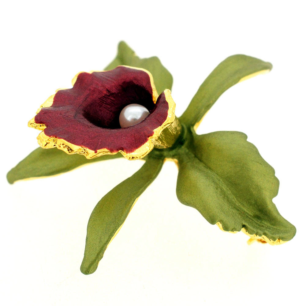 Green Dark Red Orchid Flower Brooch Pin