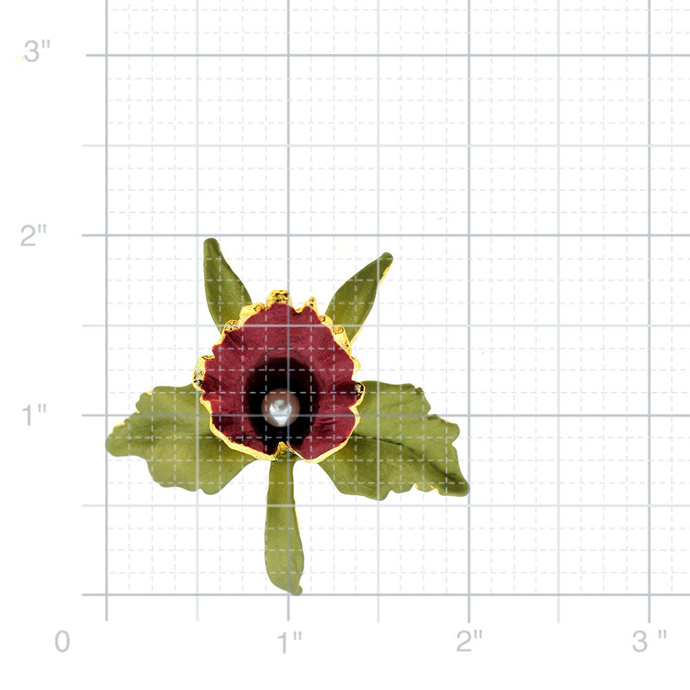 Green Dark Red Orchid Flower Brooch Pin