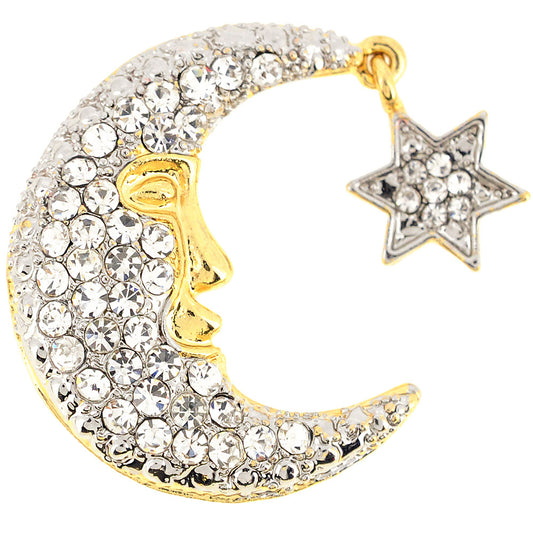 Half Moon Face And Star Crystal Brooch Pin
