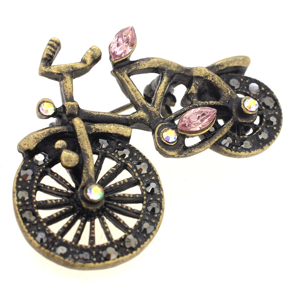 Vintage Style Brass Bicycle Crystal Brooch Pin