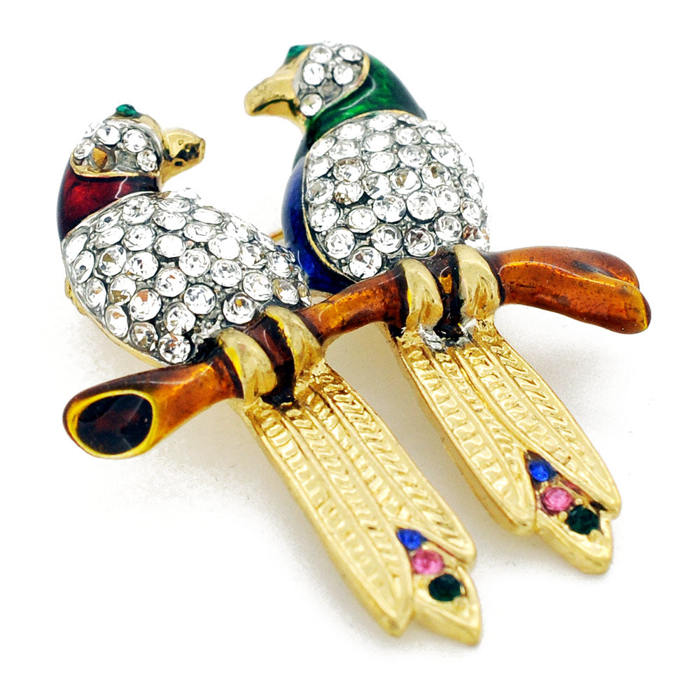 Couple Parrot Crystal Brooch Pin